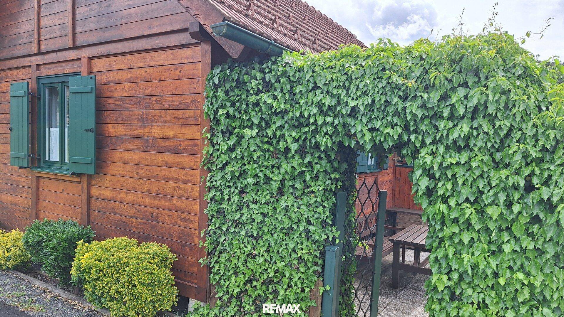 Seitenansicht des Holzhauses mit grünen Fensterläden und einem efeubewachsenen Torbogen.