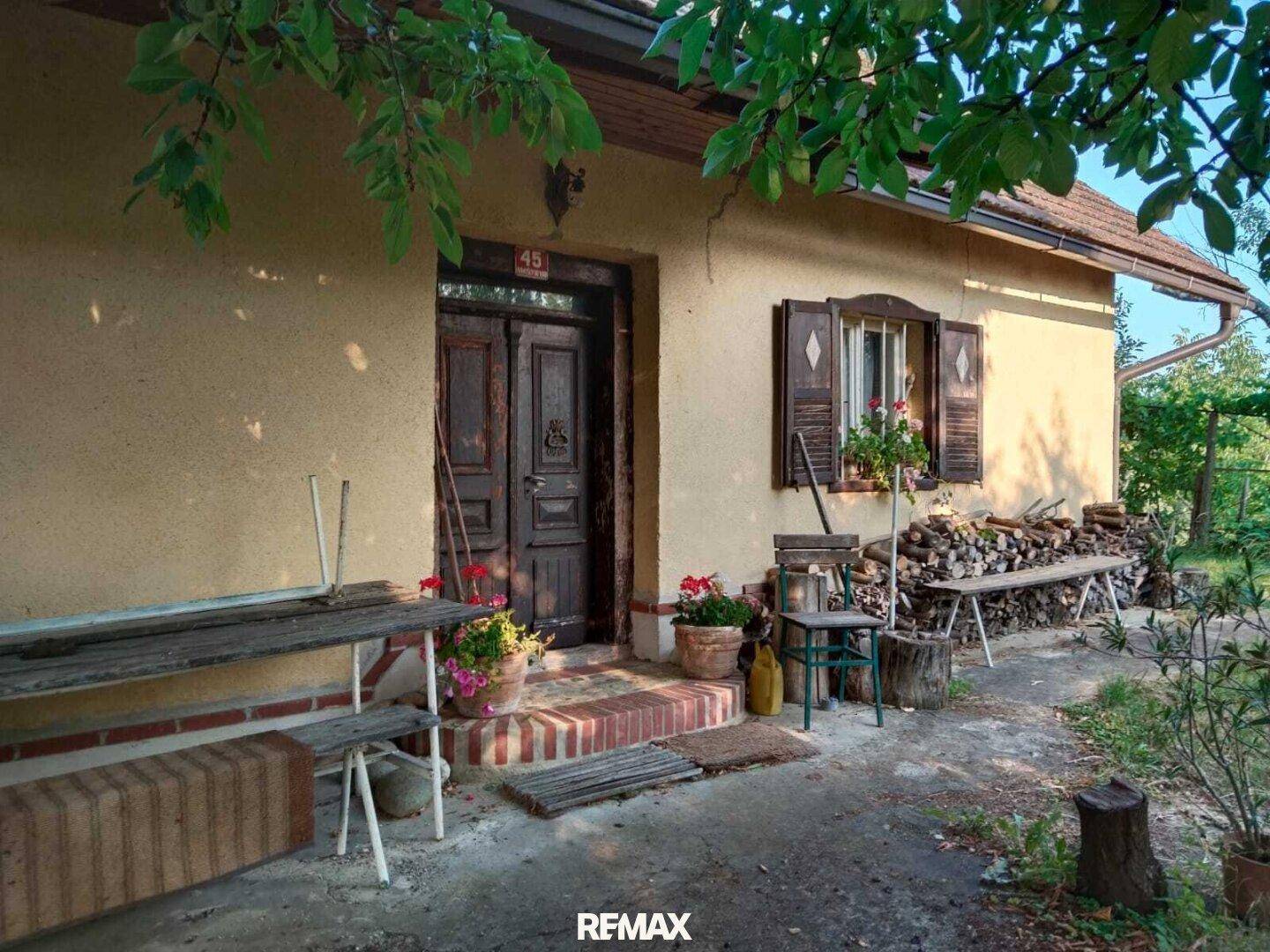 Eingangsbereich eines alten Hauses mit rustikaler Holztür, Topfpflanzen und gestapeltem Brennholz.