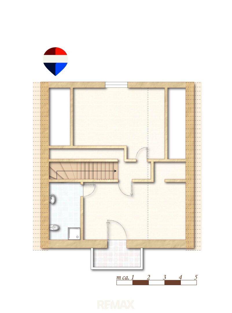 Detaillierter Grundrissplan eines Obergeschosses mit Treppenaufgang und separatem Gäste-WC.