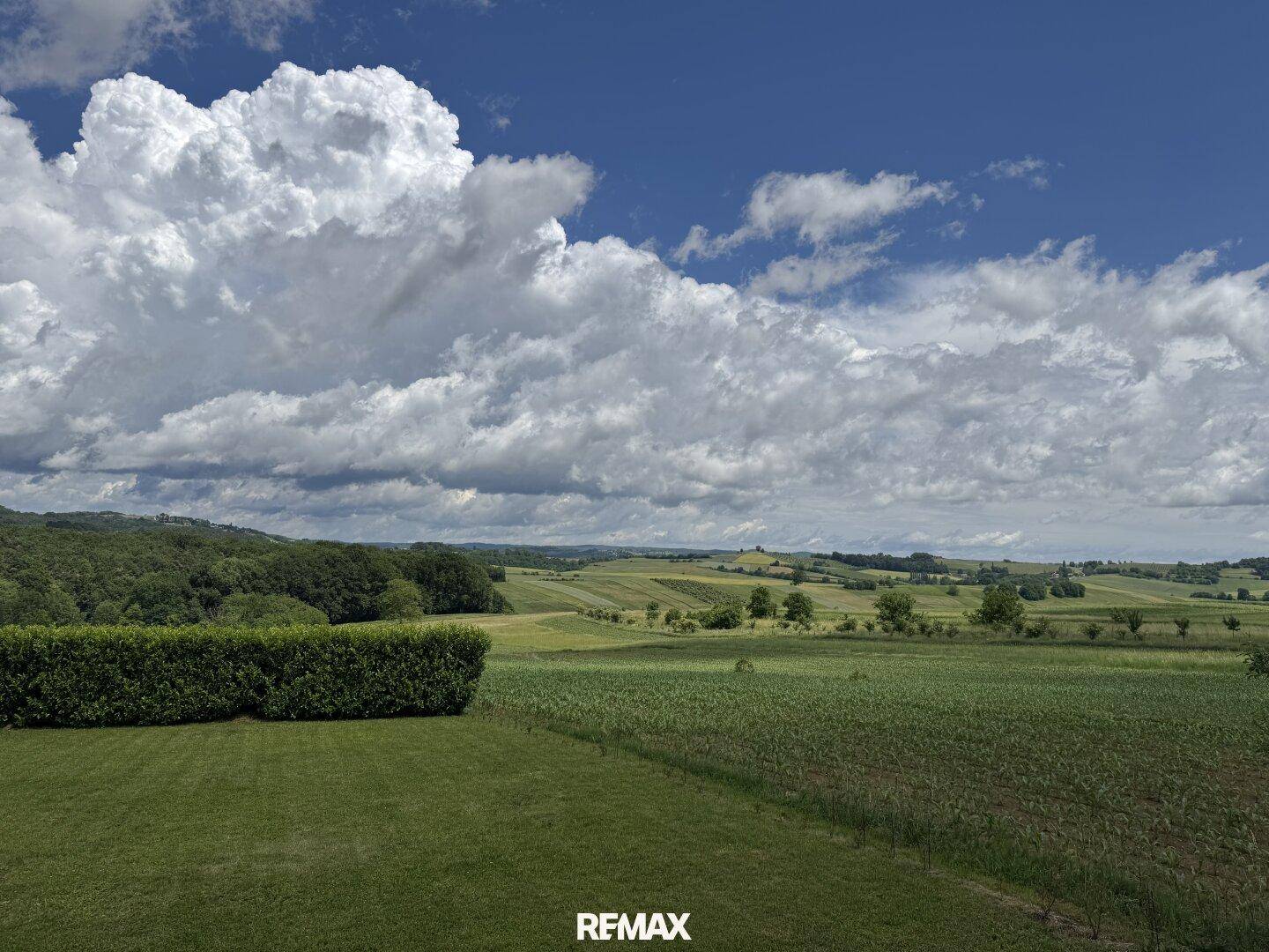 Malerischer Ausblick auf die weite grüne Landschaft mit Feldern und einem blauen Himmel mit Wolken.