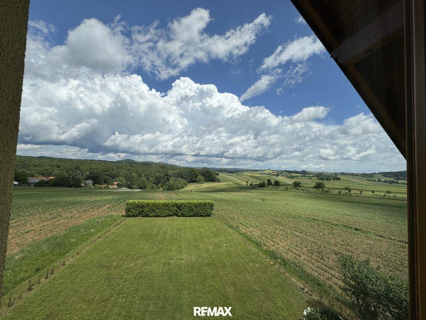 Panoramablick aus dem Fenster auf die weite, grüne Landschaft mit Feldern und einer Hecke.