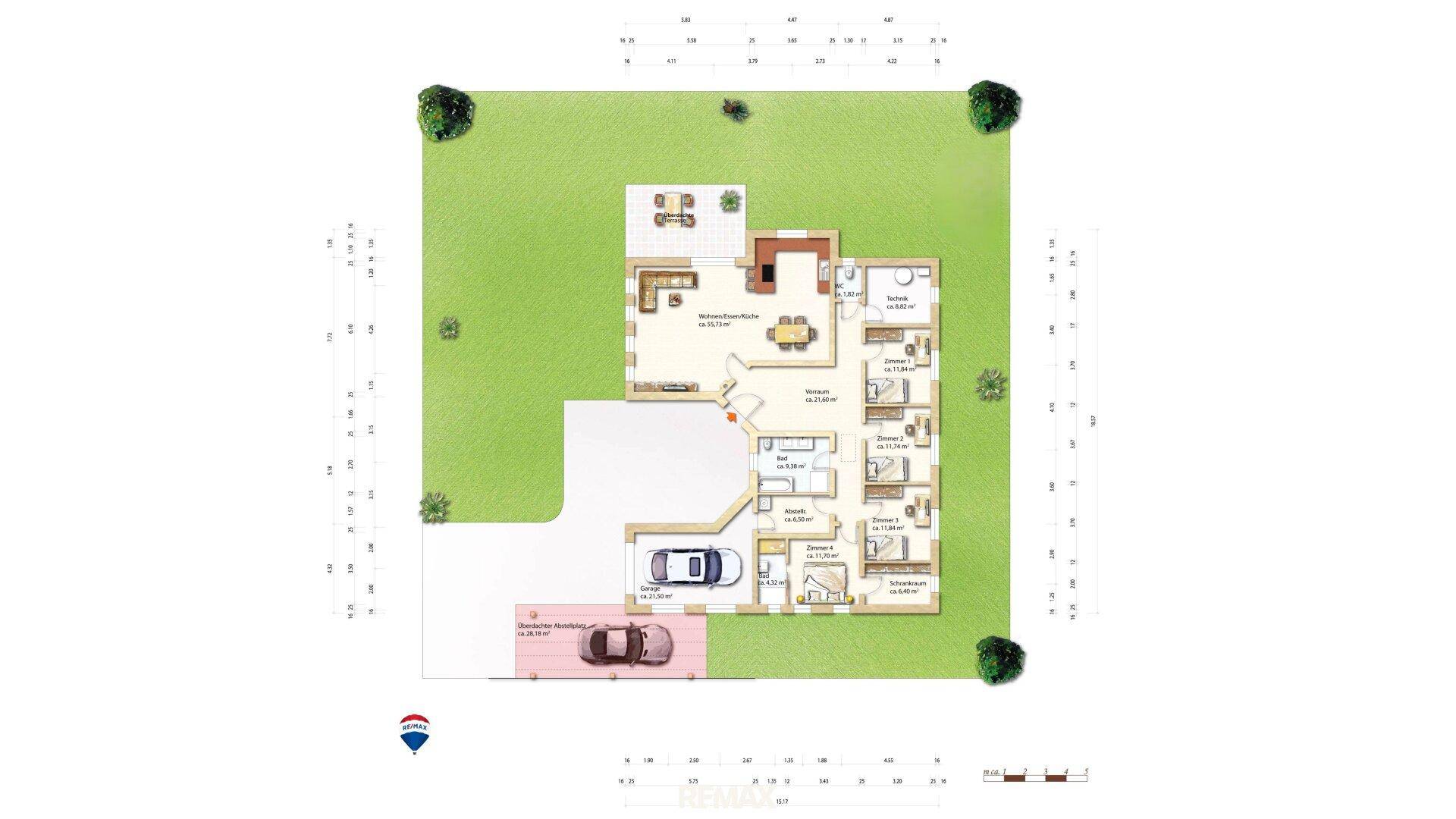 Detaillierter Grundriss des Hauses mit Raumaufteilung und Außenbereichen.