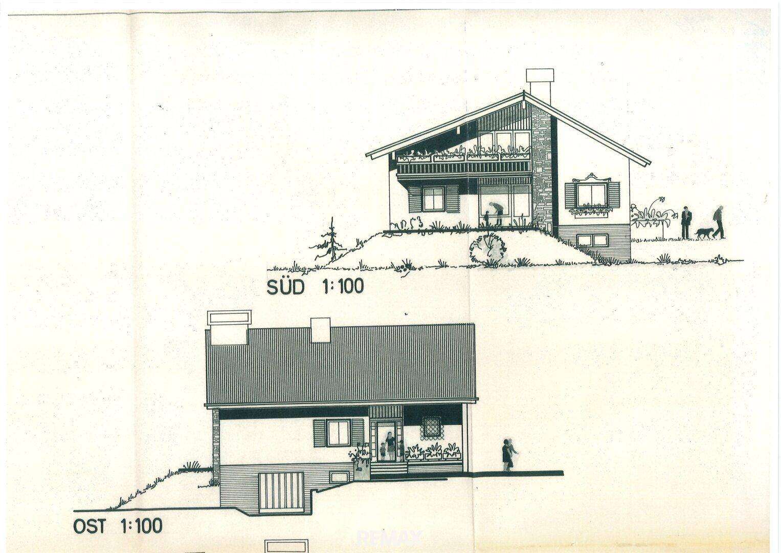 Architektonische Zeichnung mit Süd- und Ostansicht des Hauses im Maßstab 1:100.
