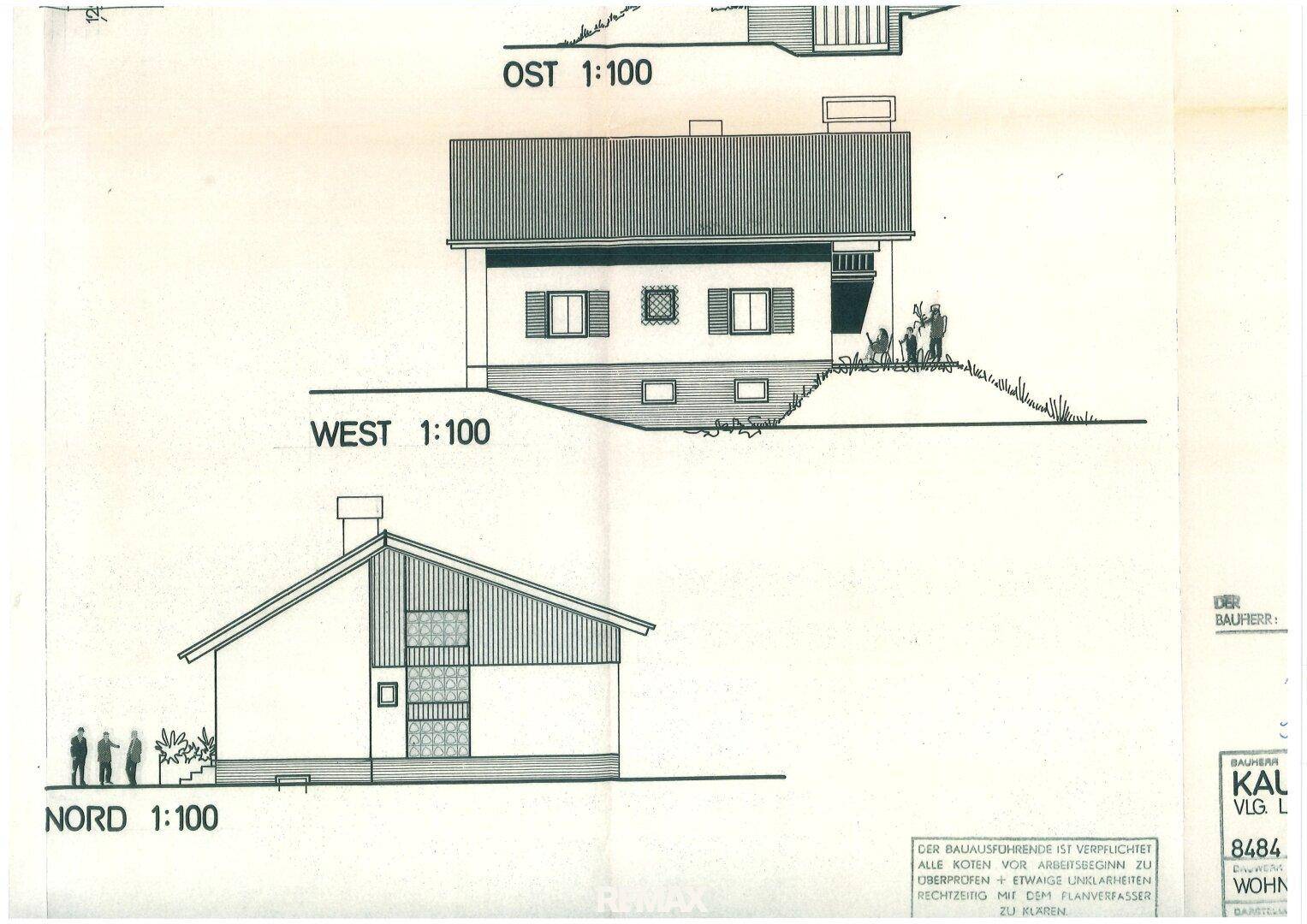 Architektonische Zeichnung mit West- und Nordansicht des Hauses im Maßstab 1:100.