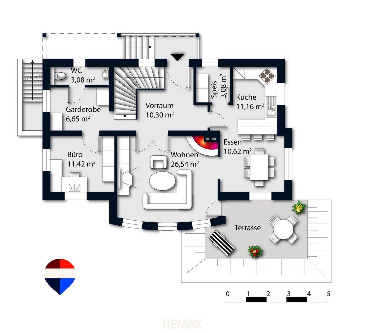 Grundriss des Erdgeschosses mit offener Küche, Wohnbereich, Büro und Terrasse.