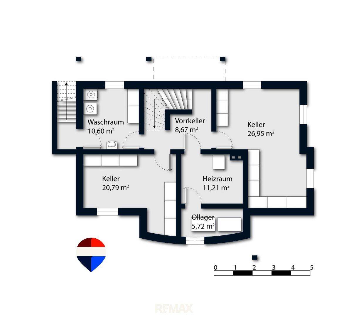 Grundriss des Kellergeschosses mit Waschraum, Heizraum und mehreren Kellerräumen.