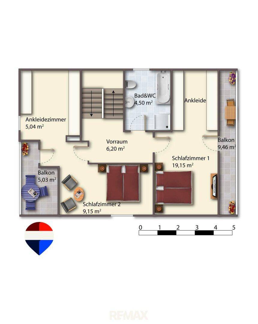Grundriss des Obergeschosses mit zwei Schlafzimmern, Ankleidezimmern, Bad und zwei Balkonen.