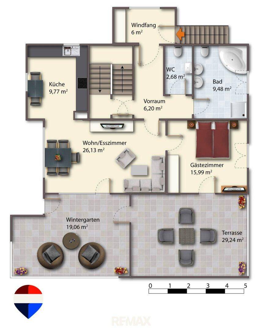 Grundriss des Erdgeschosses mit offener Küche, Wohn-Esszimmer, Wintergarten und großer Terrasse.