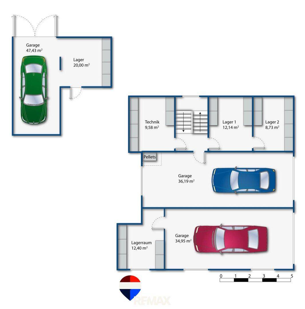 Grundriss des Untergeschosses mit mehreren Garagen, Lagerräumen und einem Technikraum.