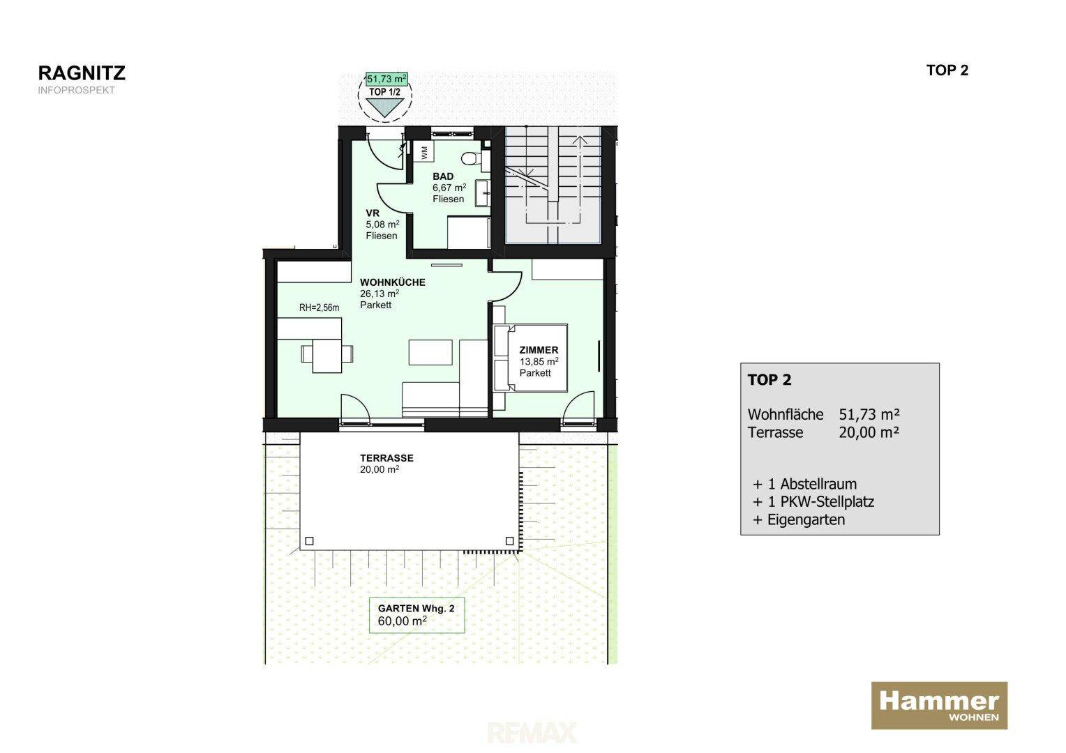 Grundriss der Wohnung TOP 2 mit offener Wohnküche, Schlafzimmer, Bad, Terrasse und Garten.