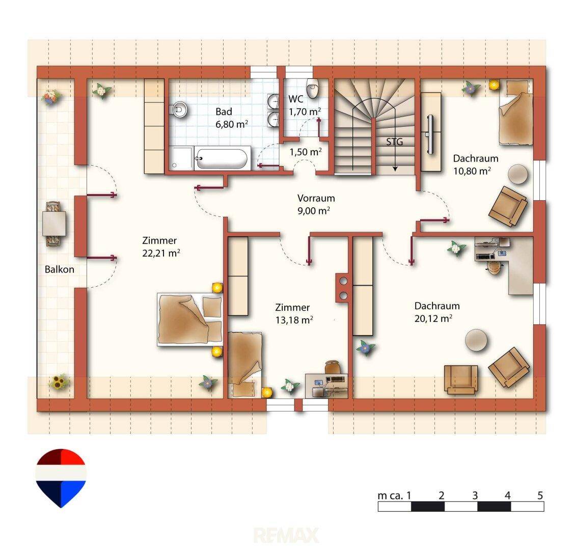 Grundriss des Obergeschosses mit drei Zimmern, Bad, WC und einem Balkon.