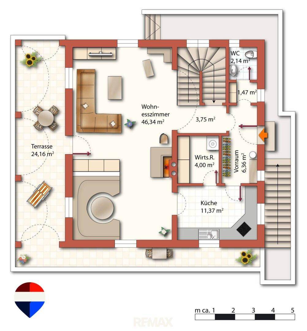 Grundriss des Erdgeschosses mit Wohn-Esszimmer, Küche, Terrasse und separatem WC.