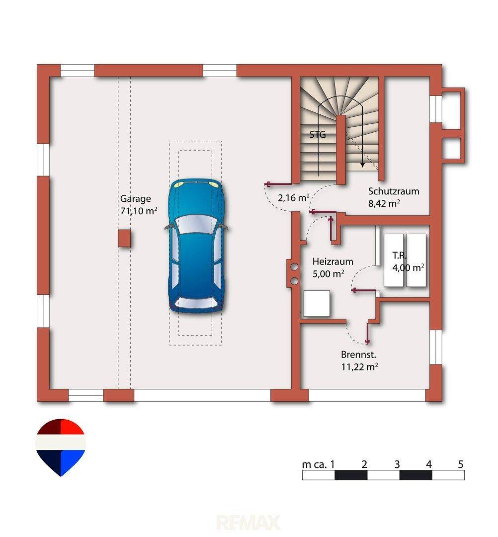 Grundriss des Kellergeschosses mit großer Garage, Heizraum und weiteren Abstellräumen.
