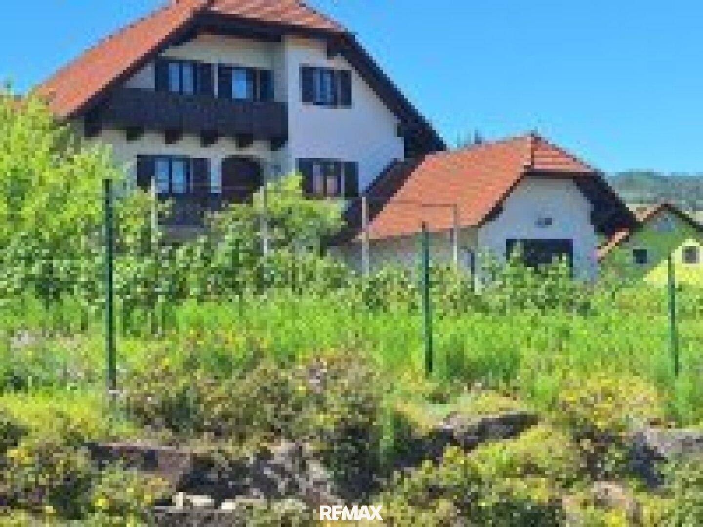 Ansicht des Hauses von einem grünen Hang aus, umgeben von üppiger Vegetation und Bäumen.