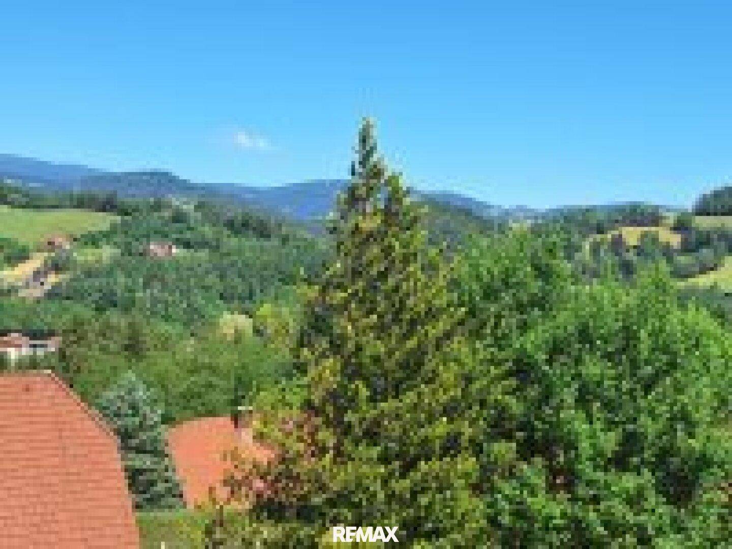 Weitläufiger Blick über grüne Hügel und Wälder, der die idyllische ländliche Umgebung zeigt.