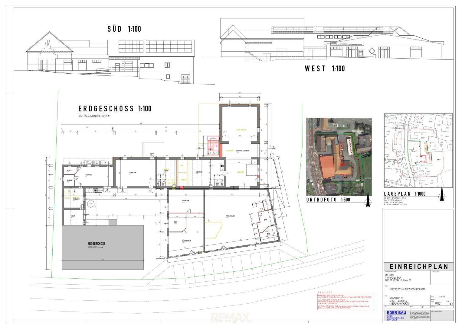 Architektonische Zeichnung mit Grundriss des Erdgeschosses, Süd- und Westansichten, ergänzt durch ein Orthofoto und einen Lageplan.