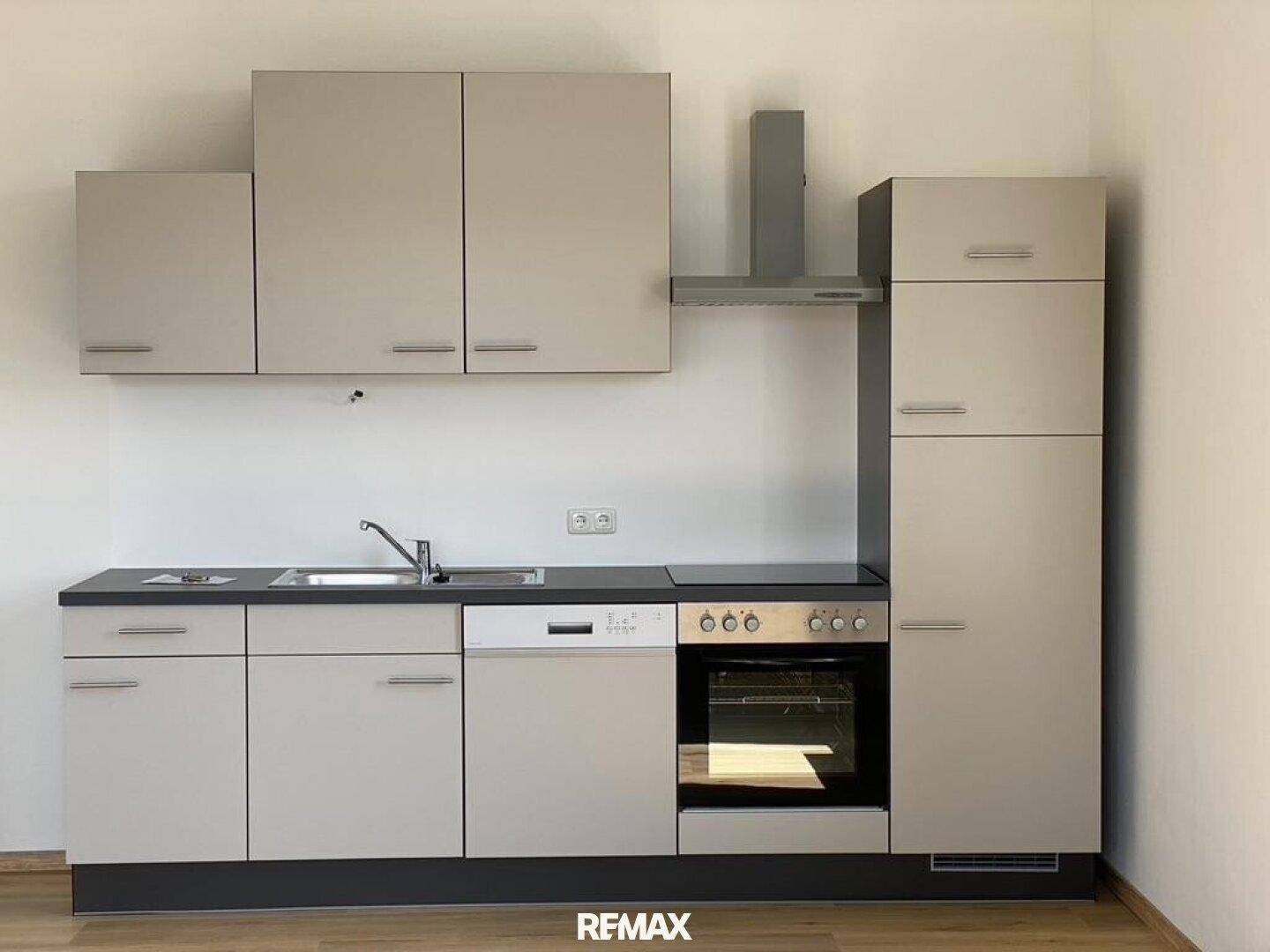 Moderne Einbauküche mit grauen Schränken, Spülmaschine, Backofen und Induktionskochfeld.