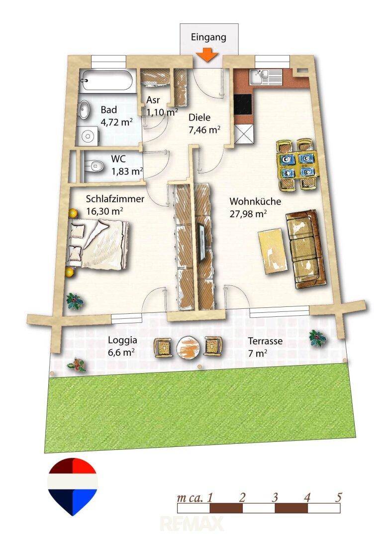 Detaillierter Grundriss einer Wohnung mit Wohnküche, Schlafzimmer, Bad, Loggia und Terrasse.