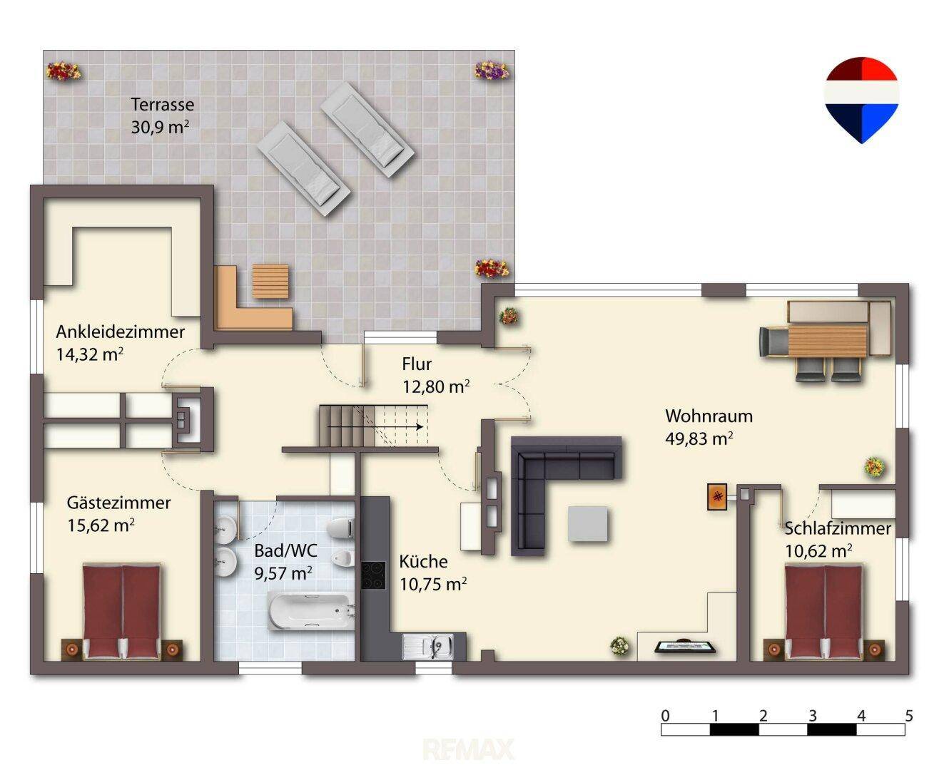 Grundriss des Obergeschosses mit großem Wohnraum, Schlafzimmer und weitläufiger Terrasse.