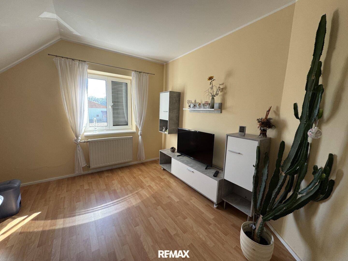 Gemütliches Wohnzimmer im Dachgeschoss mit Sofa, TV und dekorativem Kaktus.