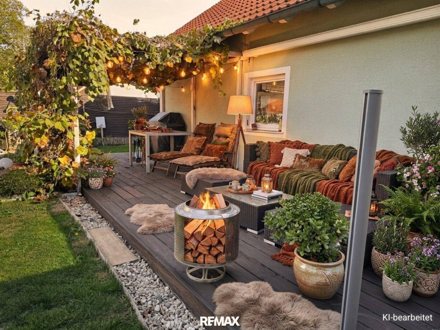 Gemütliche Terrasse mit Feuerstelle, Lounge-Möbeln und Lichterkette für entspannte Abende.