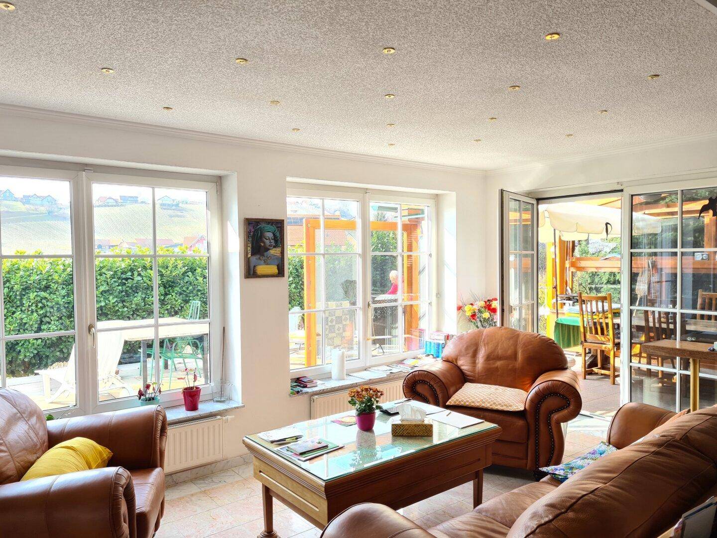 Heller Wohnbereich mit großen Fenstern, Ledersofas und Zugang zu einer überdachten Terrasse.