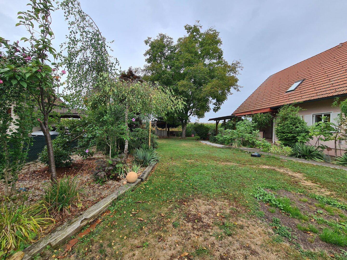 Großer, gepflegter Garten mit Rasenfläche, Bäumen und Sträuchern.