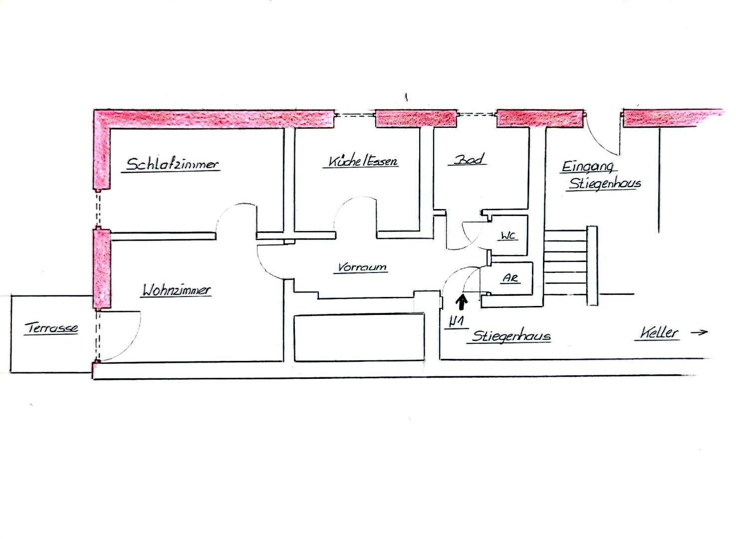 Grundrissplan zeigt die Aufteilung der Räume mit Wohnzimmer, Schlafzimmer, Küche/Essbereich und Terrasse.