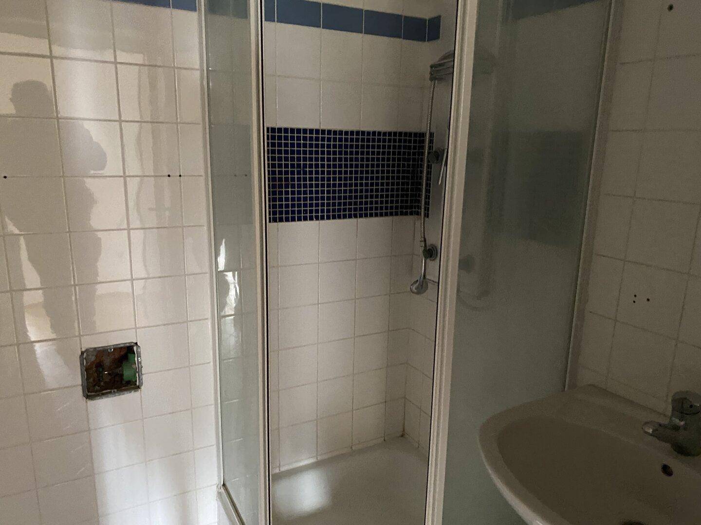 Badezimmer mit Duschkabine, Waschbecken und weiß-blauen Fliesen im traditionellen Stil.