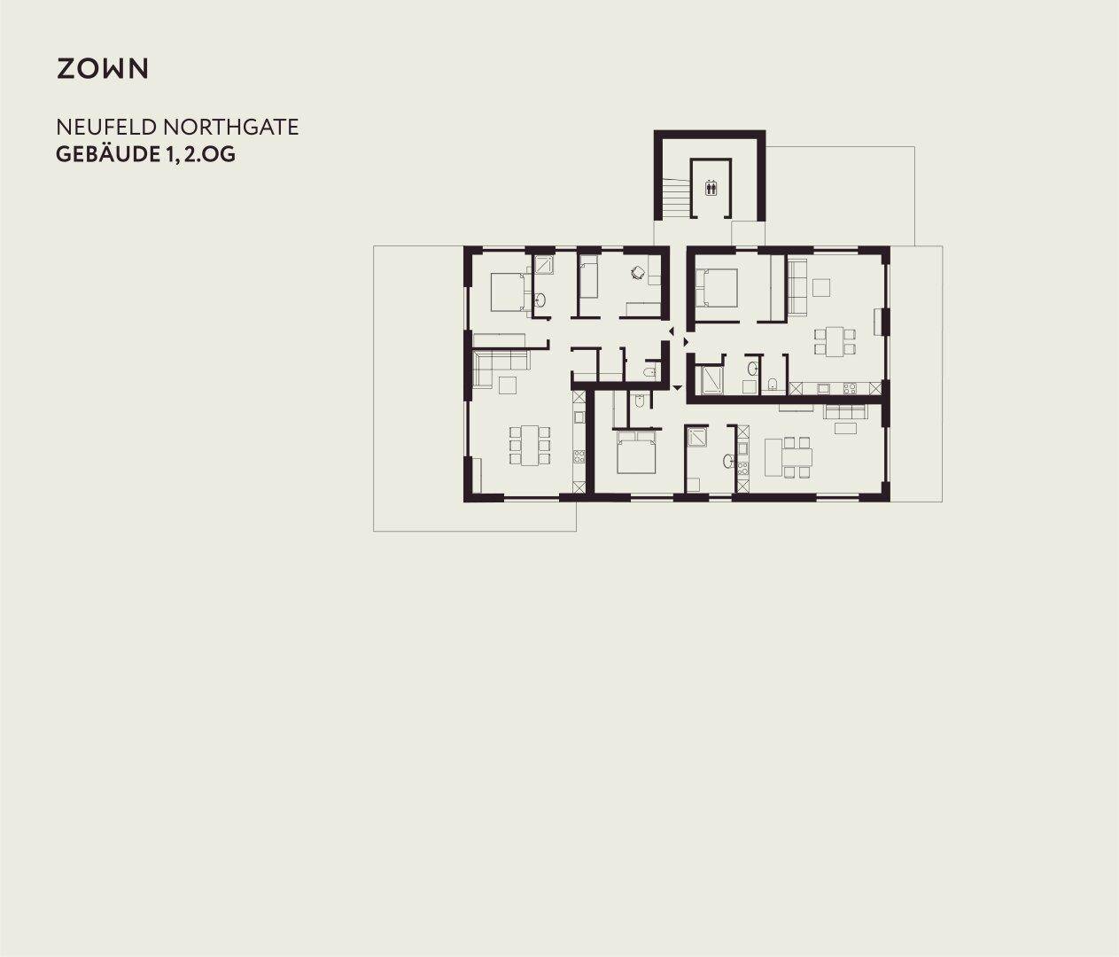 Grundriss des zweiten Obergeschosses von Gebäude 1 mit verschiedenen Apartmentlayouts und Balkonen.