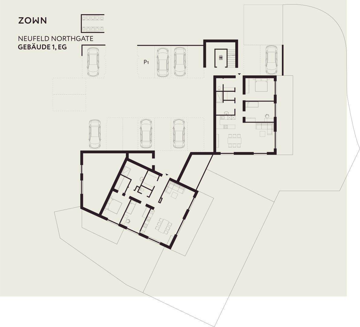 Grundriss des Erdgeschosses von Gebäude 1 mit Wohnungen und Parkplätzen im Außenbereich.