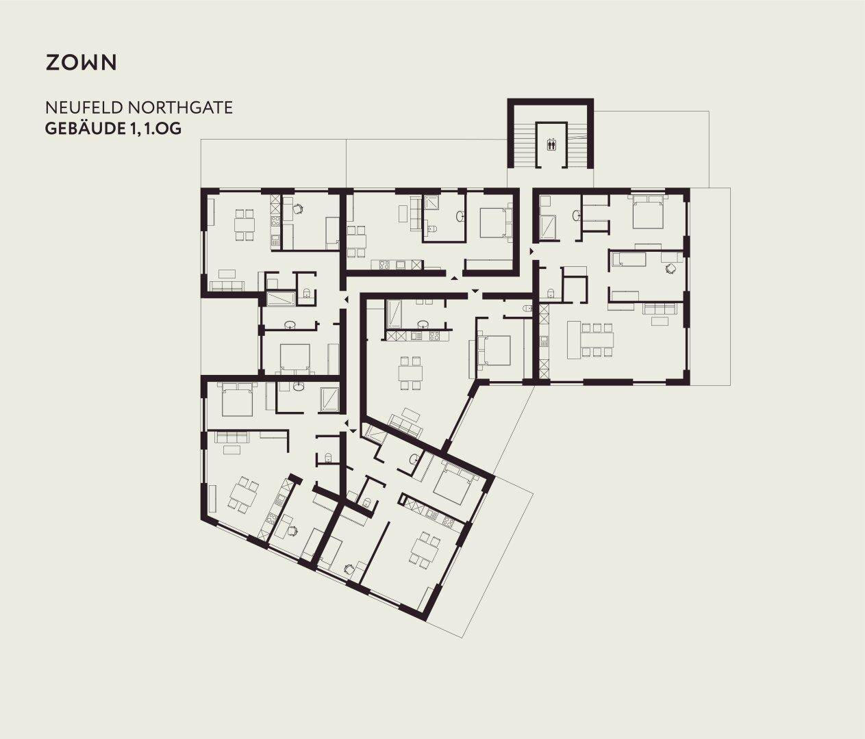 Grundriss einer Etage mit mehreren Wohneinheiten, Balkonen und einem zentralen Treppenhaus.