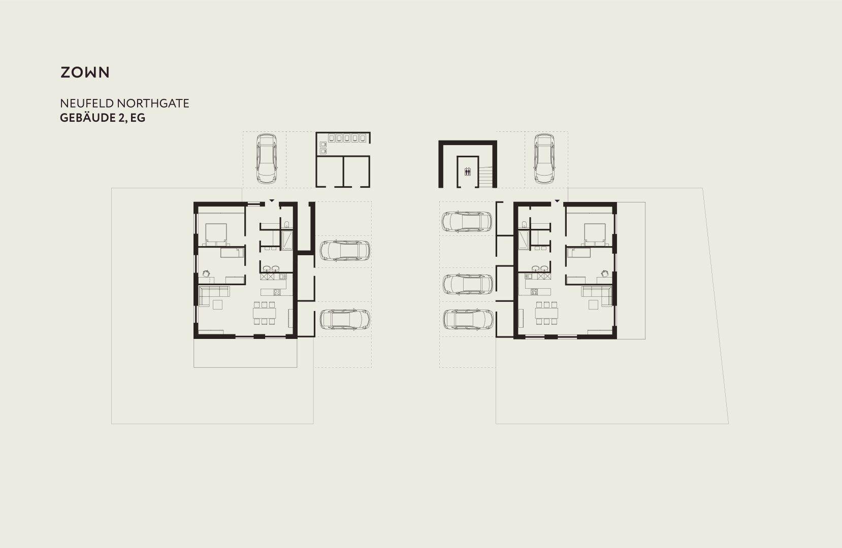 Grundriss für zwei Wohneinheiten mit jeweils offenem Wohnbereich, Schlafzimmer und zugehörigen Parkplätzen.
