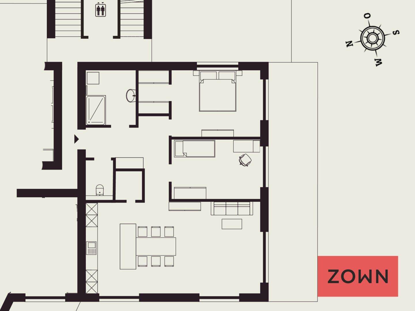 Grundriss einer Wohnung mit Schlafzimmer, Bad, Küche und offenem Wohnbereich.