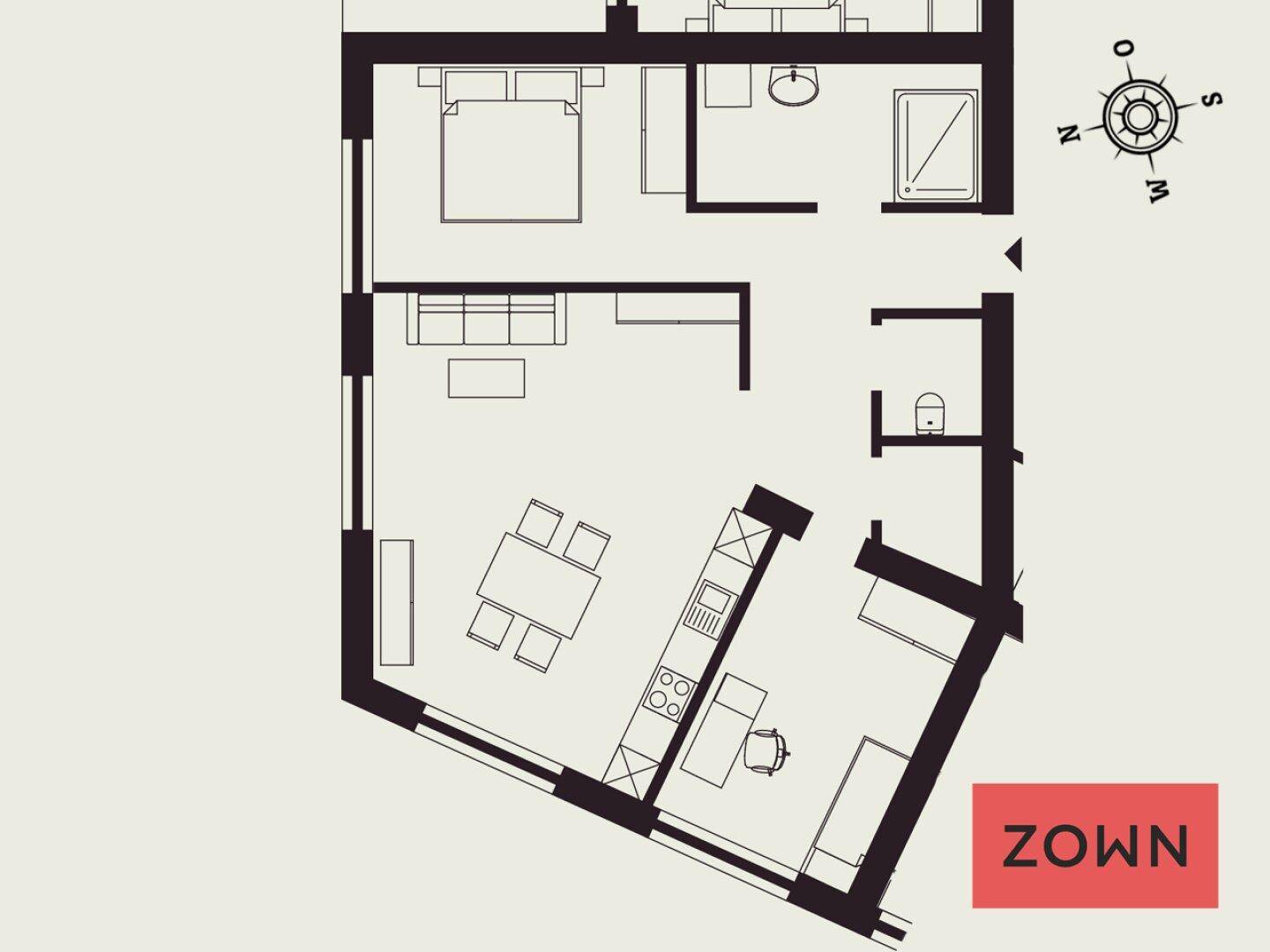 Grundriss einer Wohnung mit offenem Wohnbereich, Schlafzimmer, Bad und separatem WC.