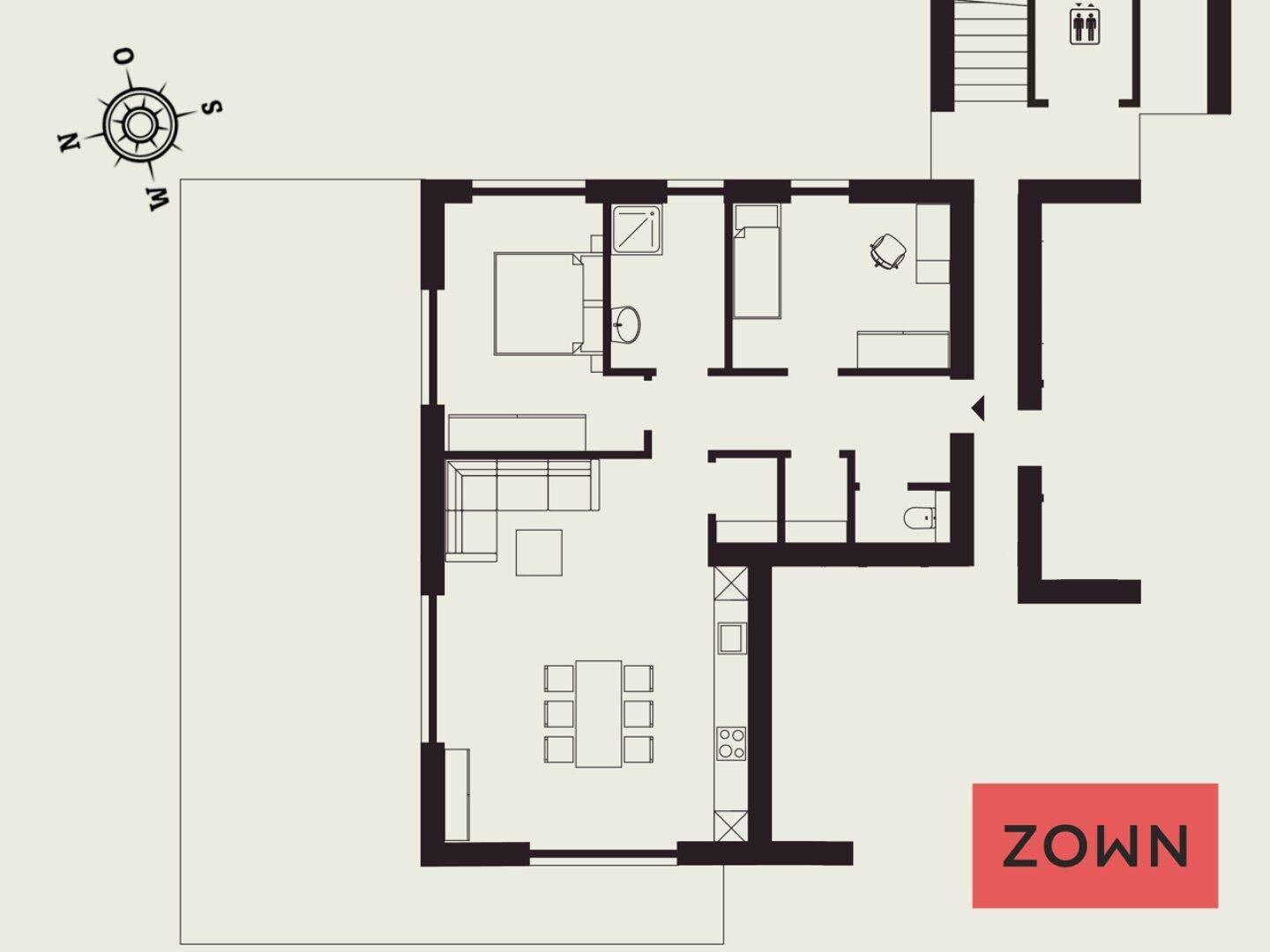 Grundriss einer Wohnung mit offenem Wohnbereich, Schlafzimmer, Bad und separatem WC.