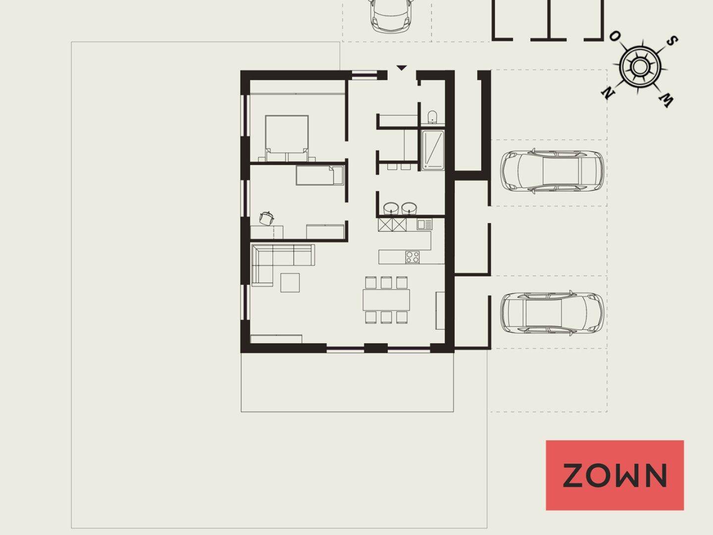 Grundriss einer Wohneinheit mit offenem Wohnbereich, Schlafzimmer, Bad und zwei Außenstellplätzen.