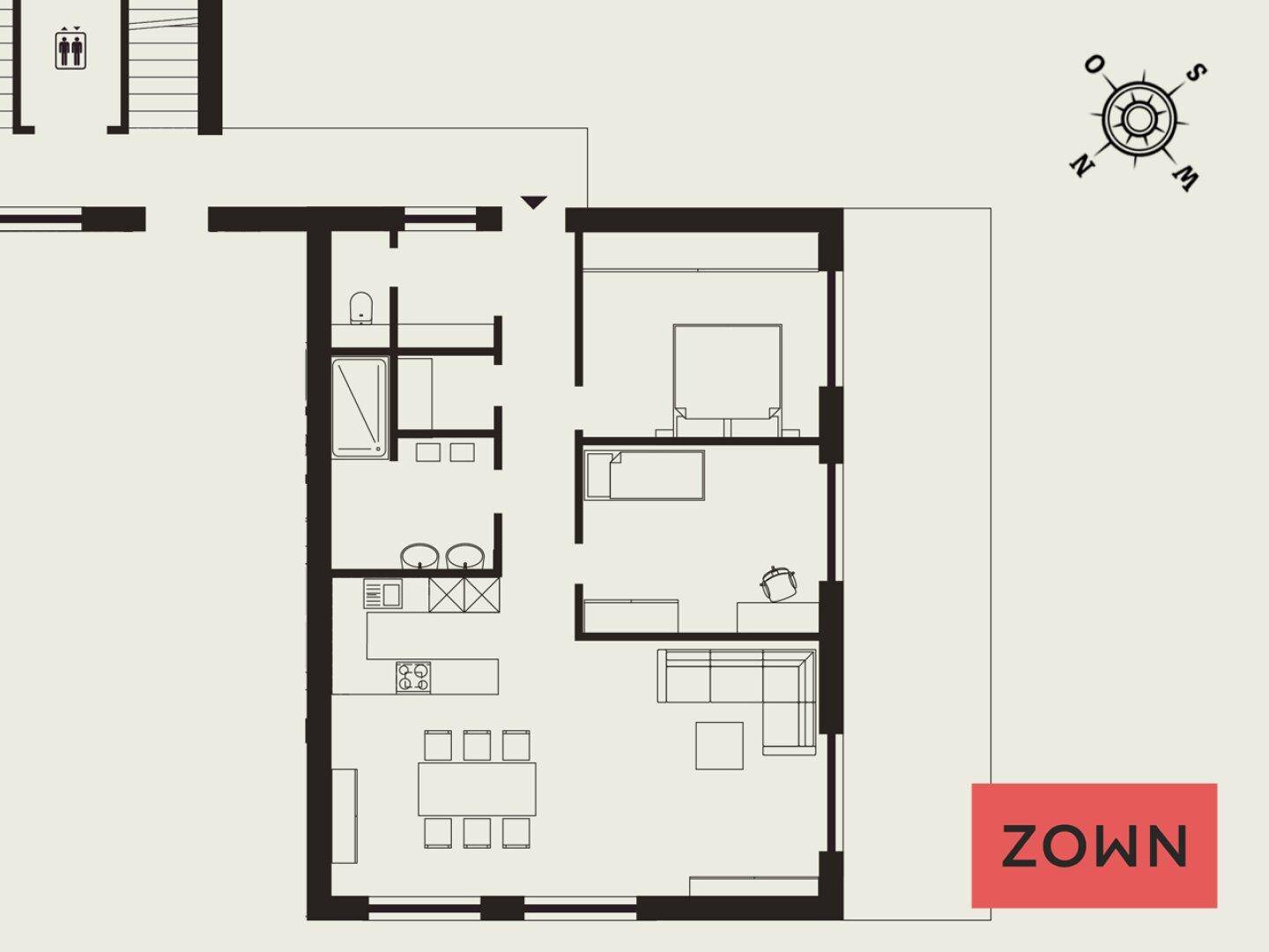 Grundriss einer Wohnung mit offenem Wohnbereich, zwei Bädern und Liftzugang.