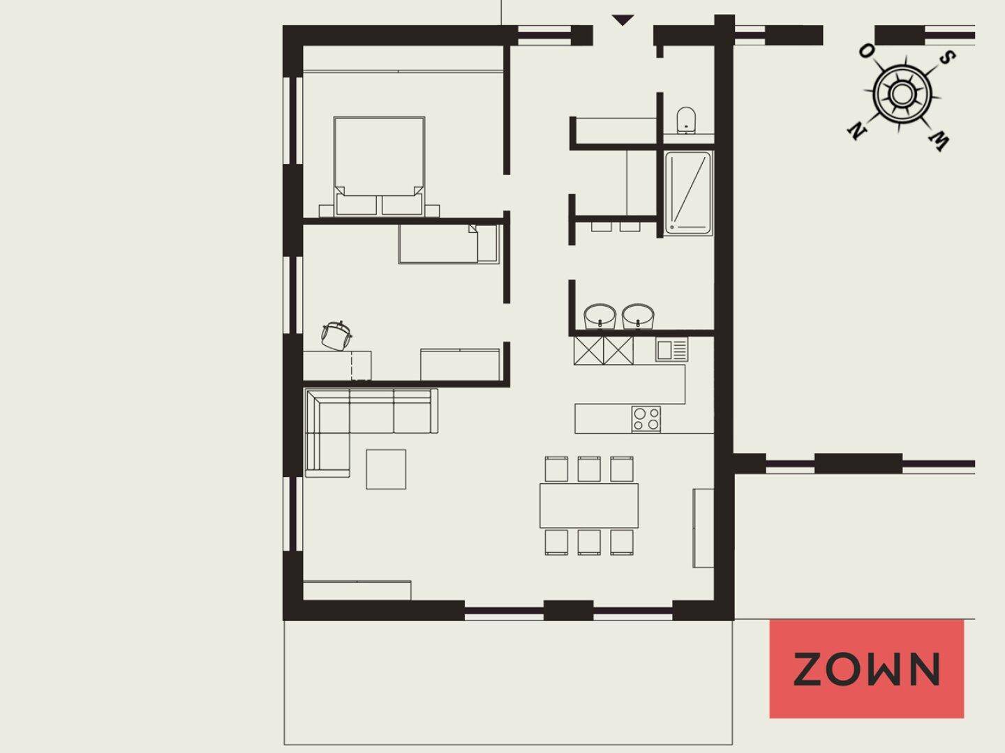 Detaillierter Grundriss einer Wohnung mit Schlafzimmer, offenem Wohnbereich und Badezimmer.