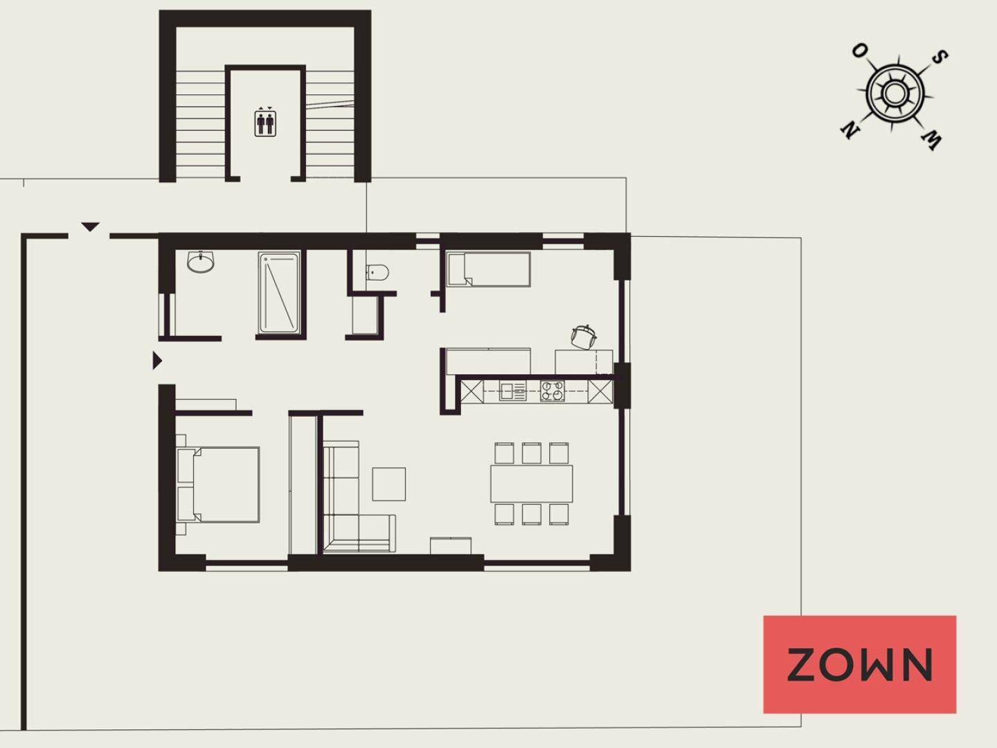 Grundriss einer Wohneinheit mit offenem Wohnbereich, Schlafzimmer und Badezimmer.