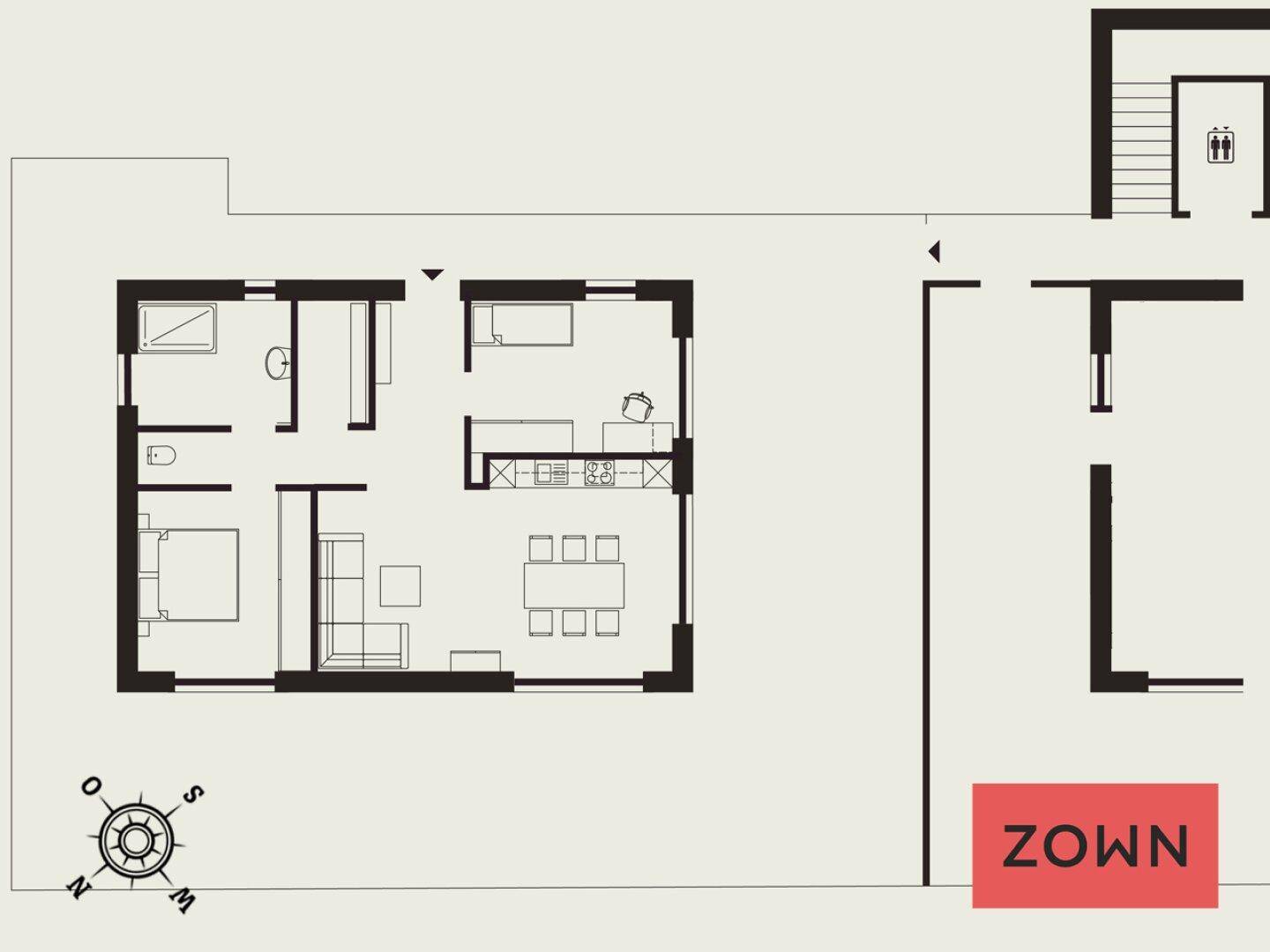 Grundriss einer Wohnung mit offenem Wohnbereich, Schlafzimmer und Badezimmern.