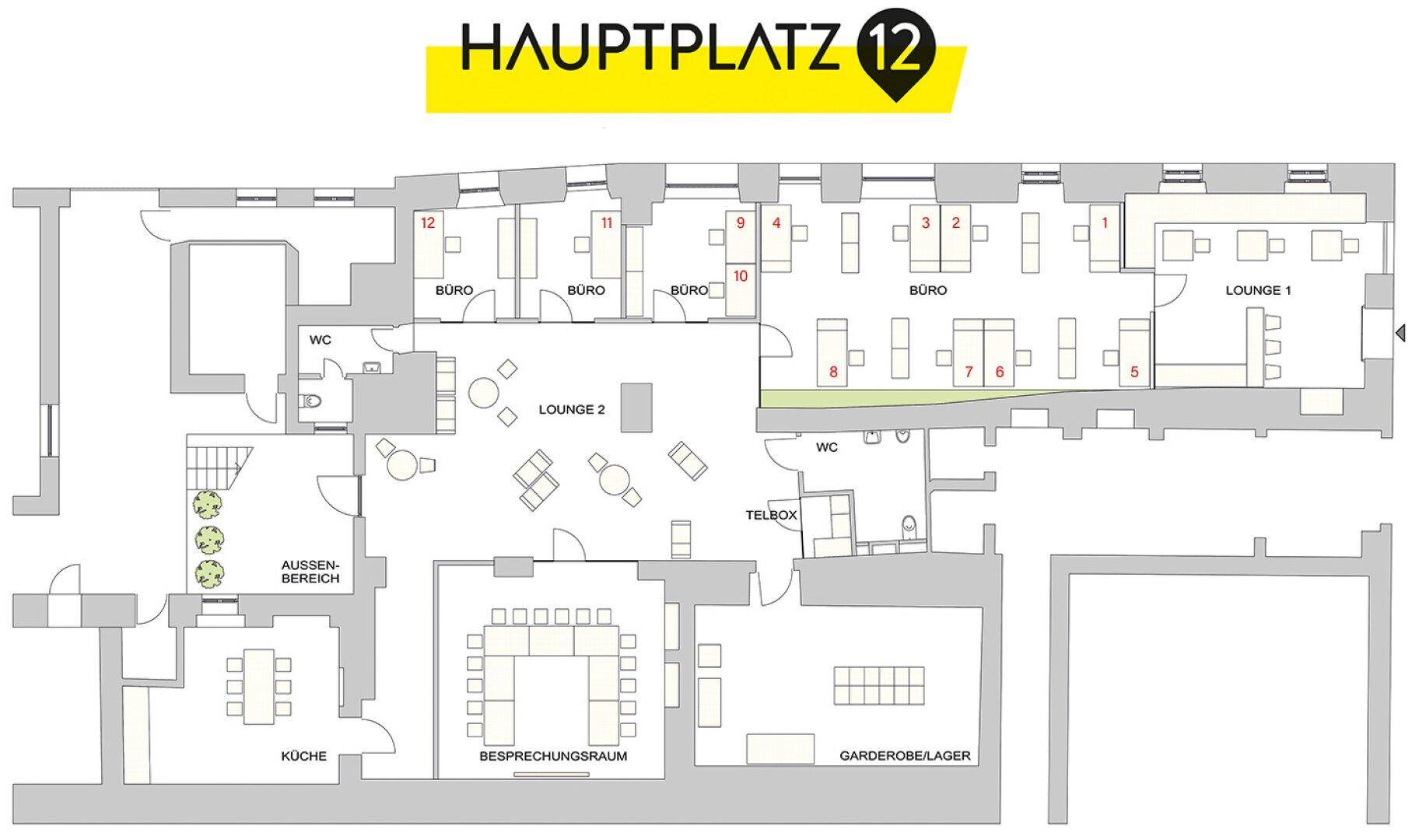 Detaillierter Grundriss einer Büroetage mit verschiedenen Arbeitsbereichen, Lounges und Besprechungsräumen.