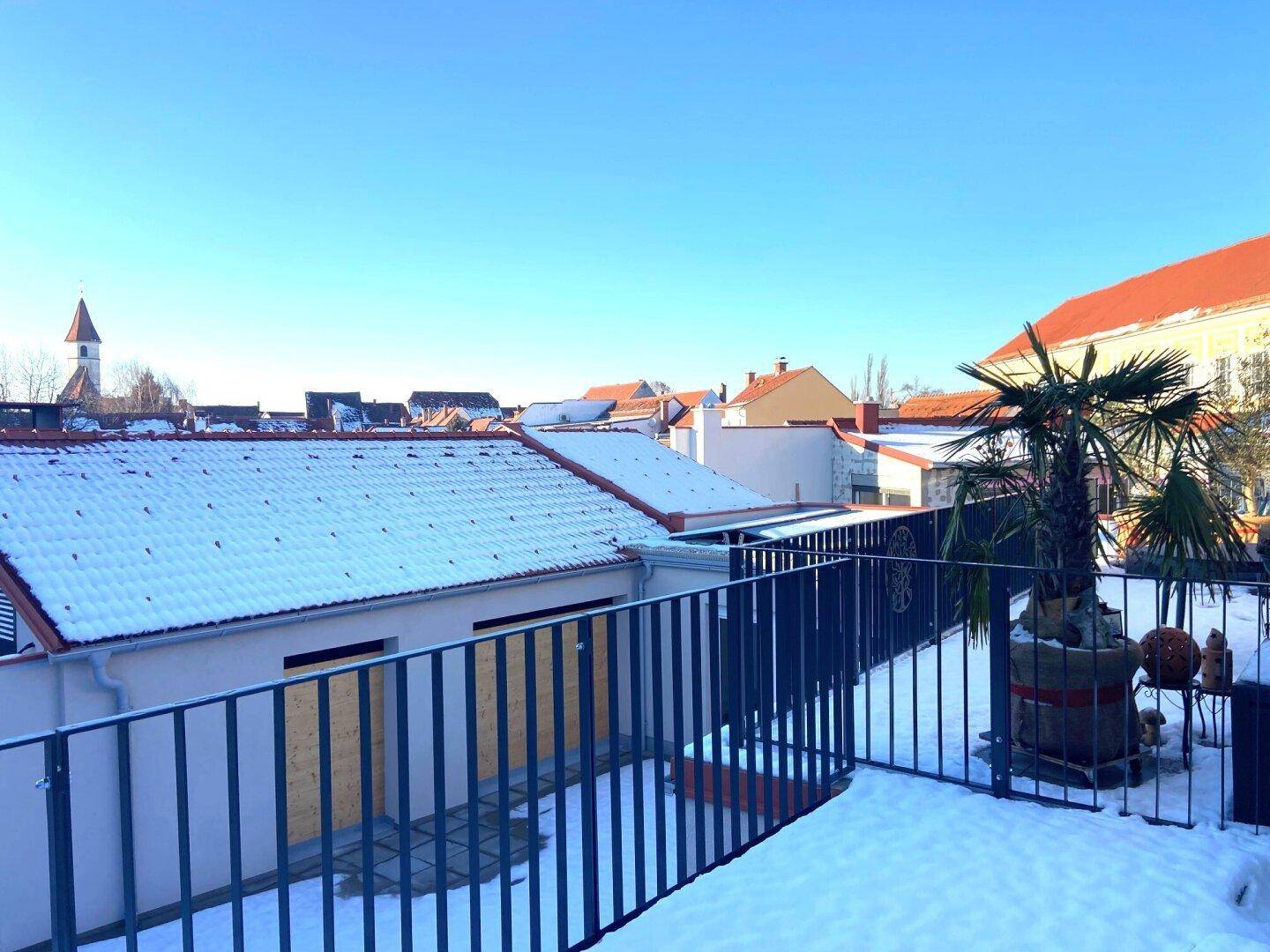 Verschneiter Balkon mit Topfpalme und Blick über die Dächer der Stadt im Winter.