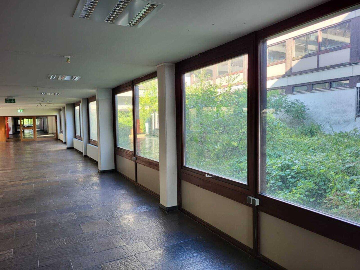 Heller Flur mit großen Fenstern, die einen Blick auf üppiges Grün und die Außenanlage bieten.