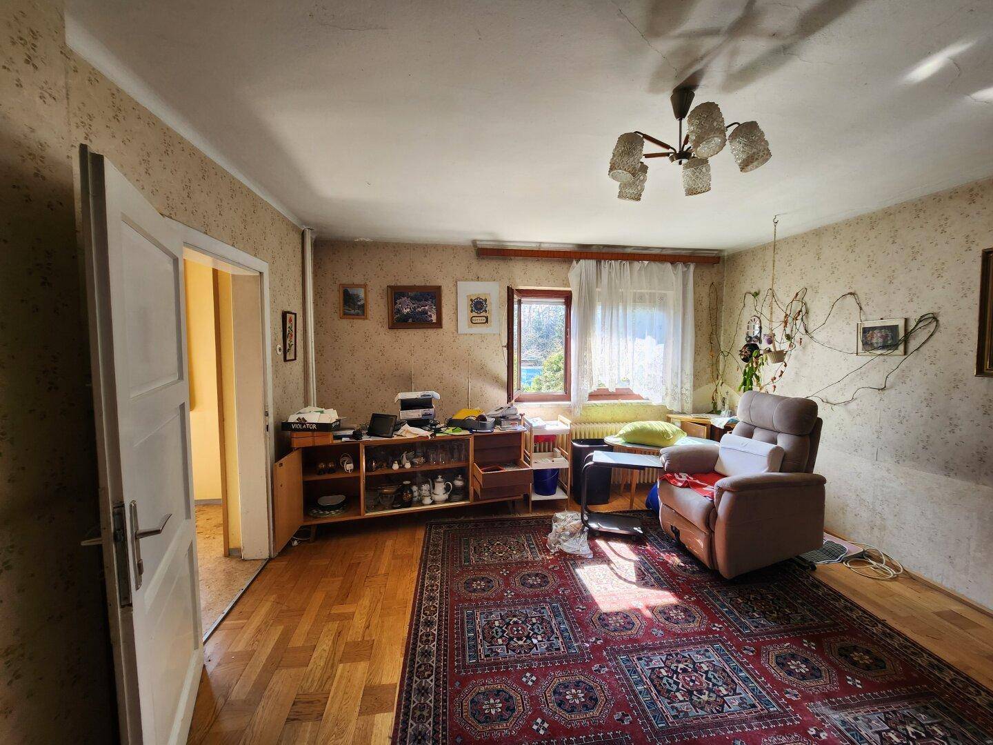 Wohnzimmer mit Parkettboden, Teppich und einem großen Fenster, das viel Licht hereinlässt.