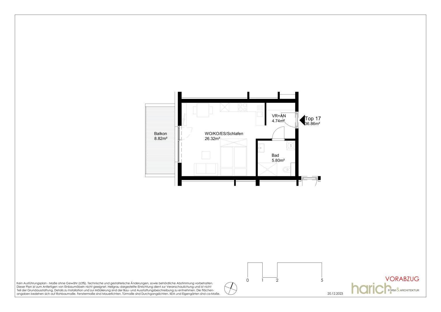 Grundriss einer Wohnung mit offenem Wohn-/Schlafbereich, Bad und Balkon.