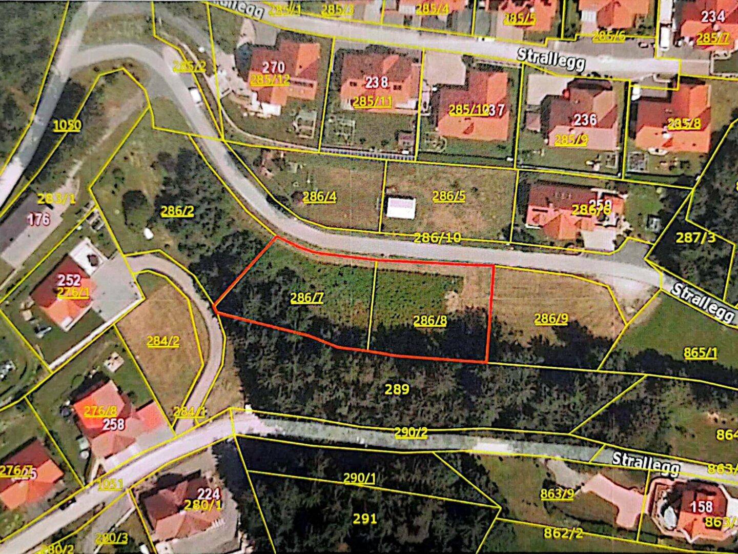 Katasterplan mit markiertem Grundstück und umliegenden Parzellen sowie Straßenverlauf.