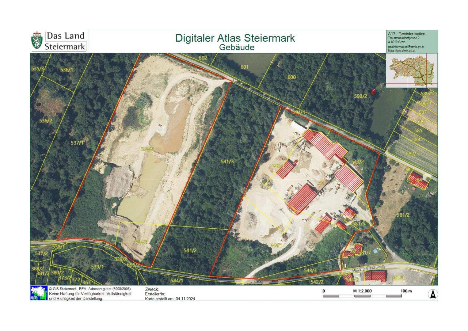 Katasterplan des Digitalen Atlas Steiermark zeigt Gebäude und Grundstücksgrenzen der Anlage.