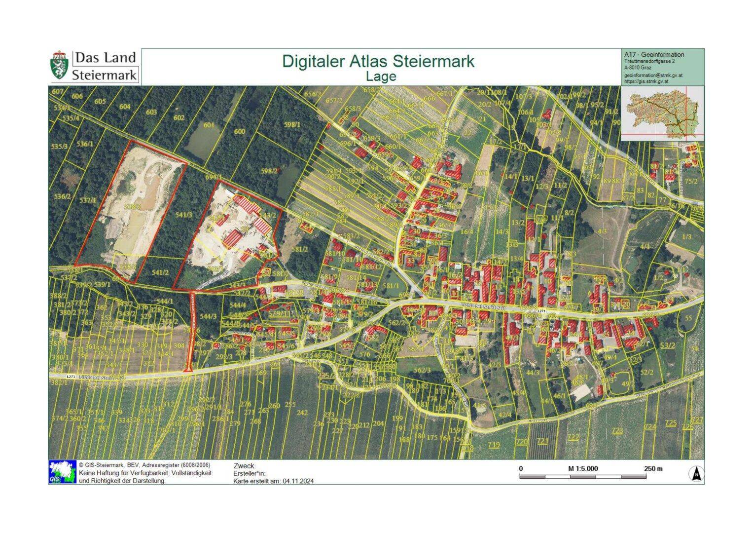 Übersichtsplan des Digitalen Atlas Steiermark zeigt die Lage der Anlage im Kontext der Umgebung.