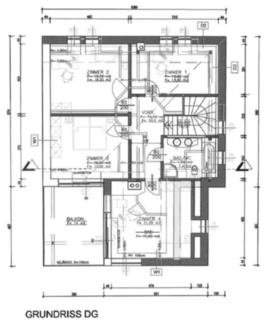 Grundriss des Dachgeschosses mit drei Zimmern, Bad und Balkon.